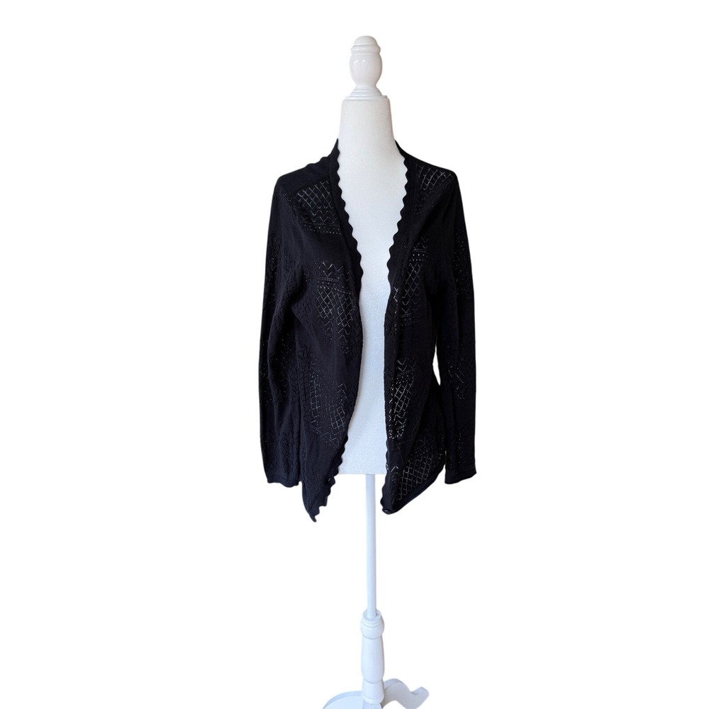 Frye Black Cotton Pointelle Open Front Cardigan Sweater‎ Scalloped Knit S